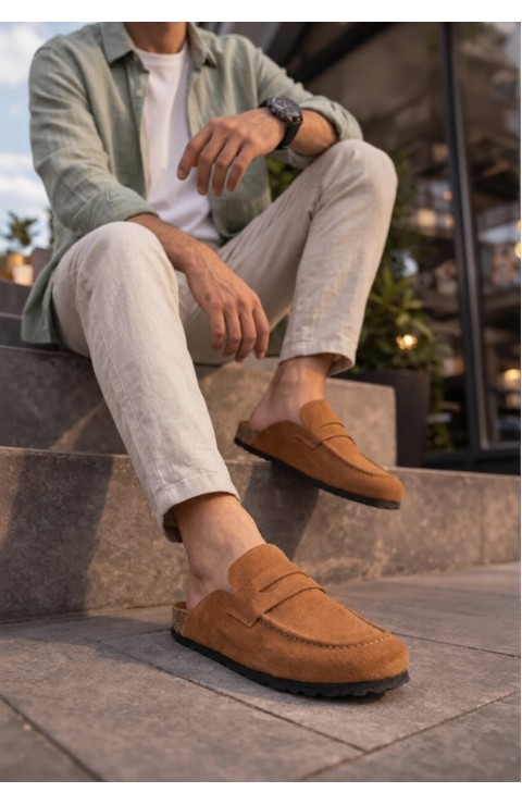 JY0456 Rayn Bağcıksız Hakiki Süet Deri Erkek Günlük Mantar Taban Loafer Klasik Ayakkabı HDMT - Taba