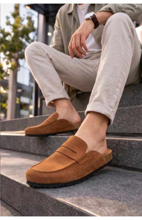 JY0456 Rayn Bağcıksız Hakiki Süet Deri Erkek Günlük Mantar Taban Loafer Klasik Ayakkabı HDMT - Taba