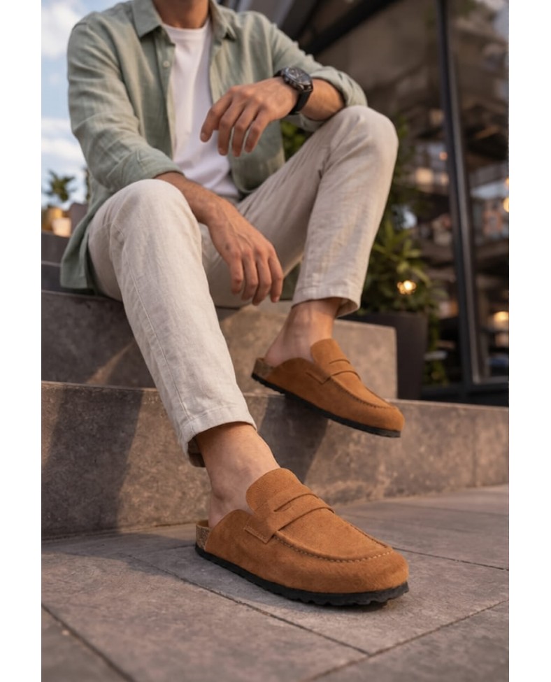 JY0456 Rayn Bağcıksız Hakiki Süet Deri Erkek Günlük Mantar Taban Loafer Klasik Ayakkabı HDMT - Taba