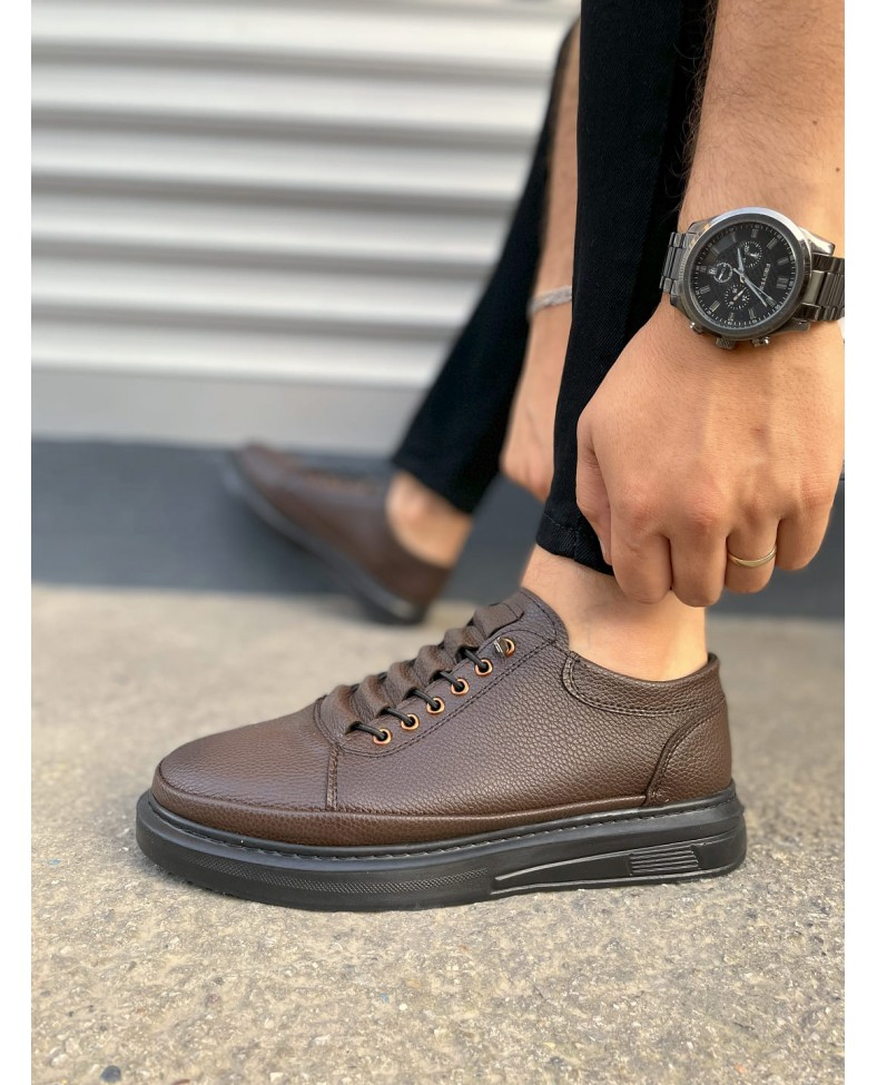 JY0535 Prime Bağcıklı Cilt Erkek Günlük Sneaker Ayakkabı CST - Kahverengi