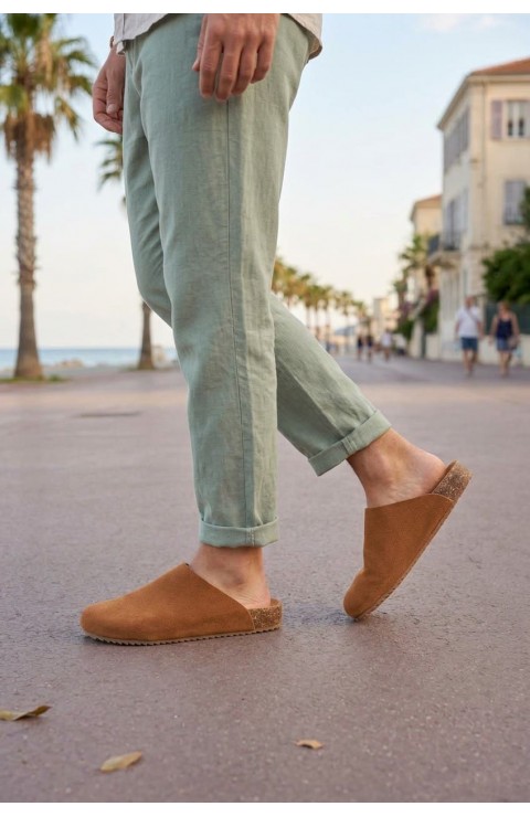 JY0556 Raven Bağcıksız Hakiki Süet Deri Erkek Günlük Mantar Taban Loafer Klasik Ayakkabı HDMT - Taba