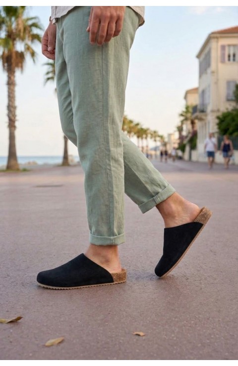 JY0556 Ravn Bağcıksız Hakiki Süet Deri Erkek Günlük Mantar Taban Loafer Klasik Ayakkabı HDMT - Siyah