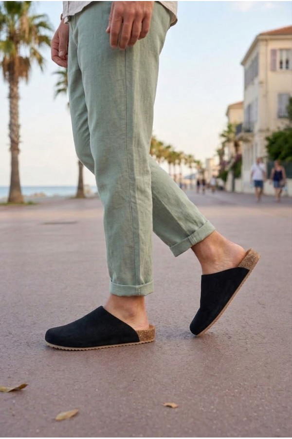 JY0556 Ravn Bağcıksız Hakiki Süet Deri Erkek Günlük Mantar Taban Loafer Klasik Ayakkabı HDMT - Siyah