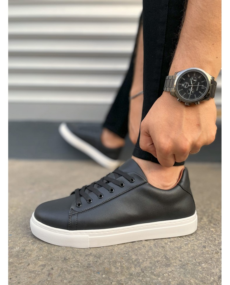 JY122 Mode Bağcıklı Cilt Erkek Günlük Sneaker Ayakkabı CBT - Siyah