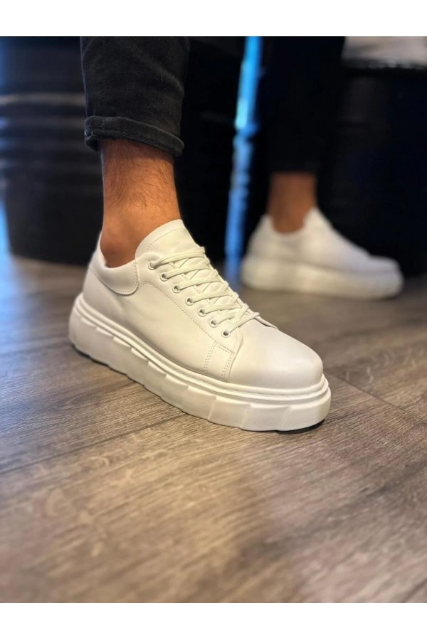 JY144 Volt Bağcıklı Cilt Erkek Günlük Sneaker Yüksek Taban Ayakkabı CBT Beyaz