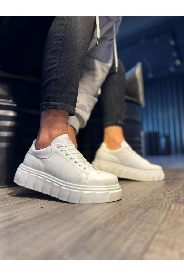 JY144 Volt Bağcıklı Cilt Erkek Günlük Sneaker Yüksek Taban Ayakkabı CBT Beyaz