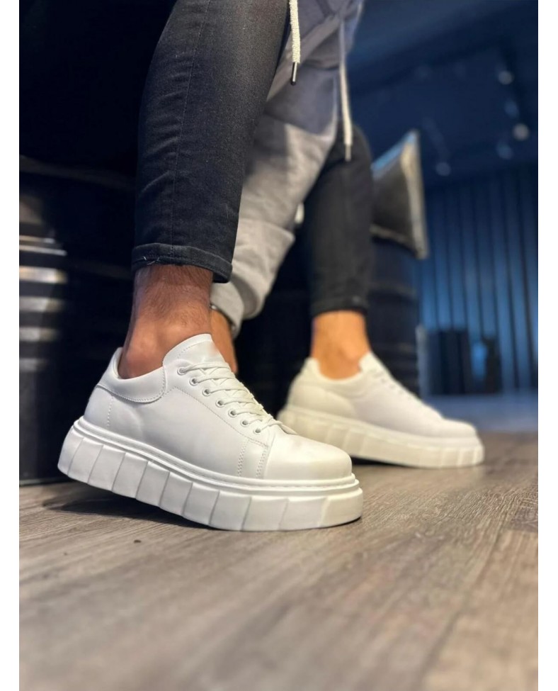 JY144 Volt Bağcıklı Cilt Erkek Günlük Sneaker Yüksek Taban Ayakkabı CBT Beyaz