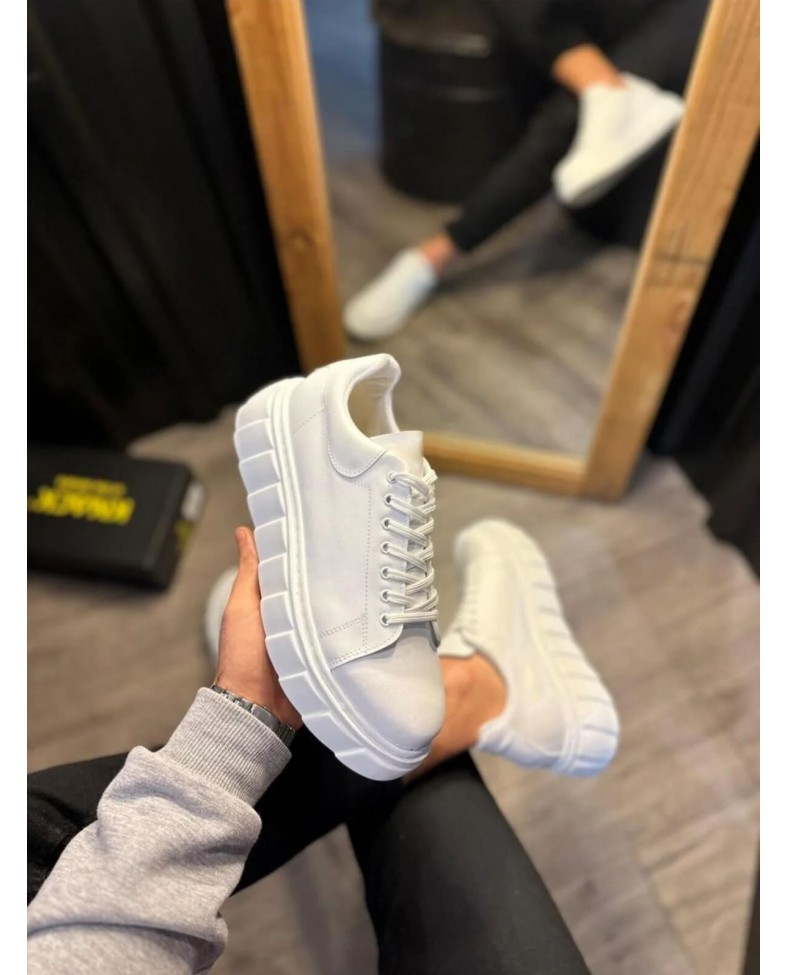 JY144 Volt Bağcıklı Cilt Erkek Günlük Sneaker Yüksek Taban Ayakkabı CBT Beyaz