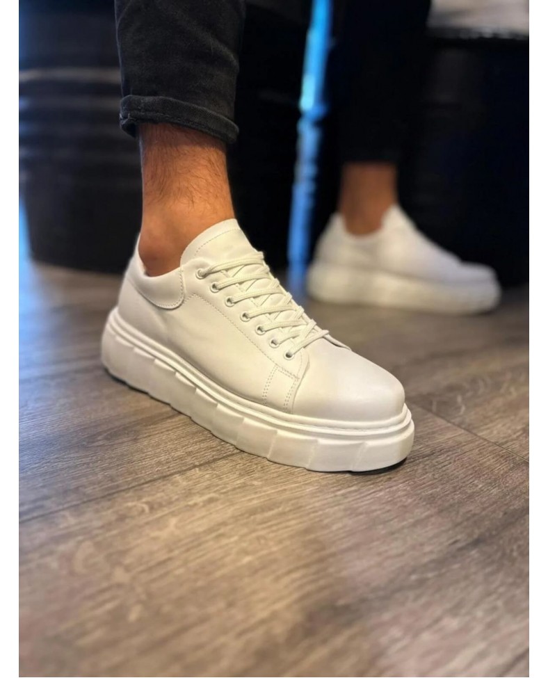 JY144 Volt Bağcıklı Cilt Erkek Günlük Sneaker Yüksek Taban Ayakkabı CBT Beyaz