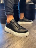 JY144 Volt Bağcıklı Cilt Erkek Günlük Sneaker Yüksek Taban Ayakkabı CBT Siyah