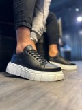 JY144 Volt Bağcıklı Cilt Erkek Günlük Sneaker Yüksek Taban Ayakkabı CBT Siyah