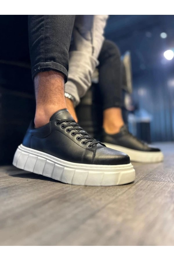 JY144 Volt Bağcıklı Cilt Erkek Günlük Sneaker Yüksek Taban Ayakkabı CBT Siyah