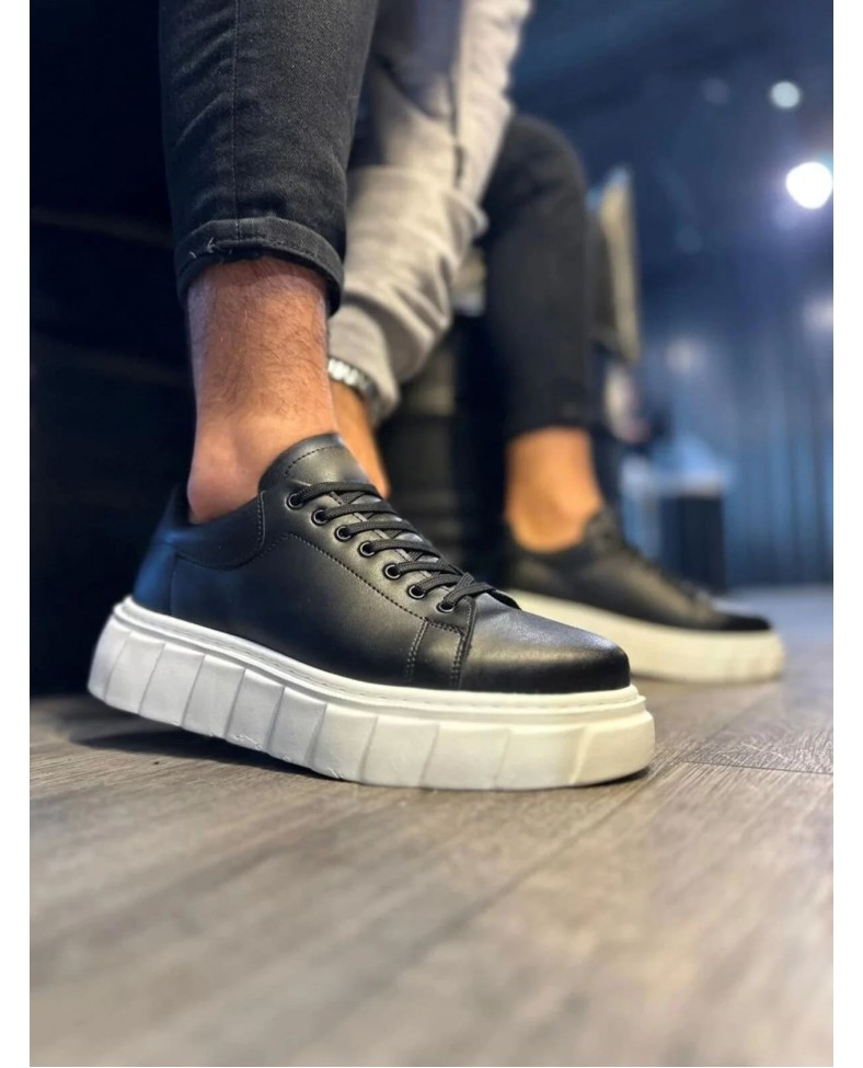 JY144 Volt Bağcıklı Cilt Erkek Günlük Sneaker Yüksek Taban Ayakkabı CBT Siyah
