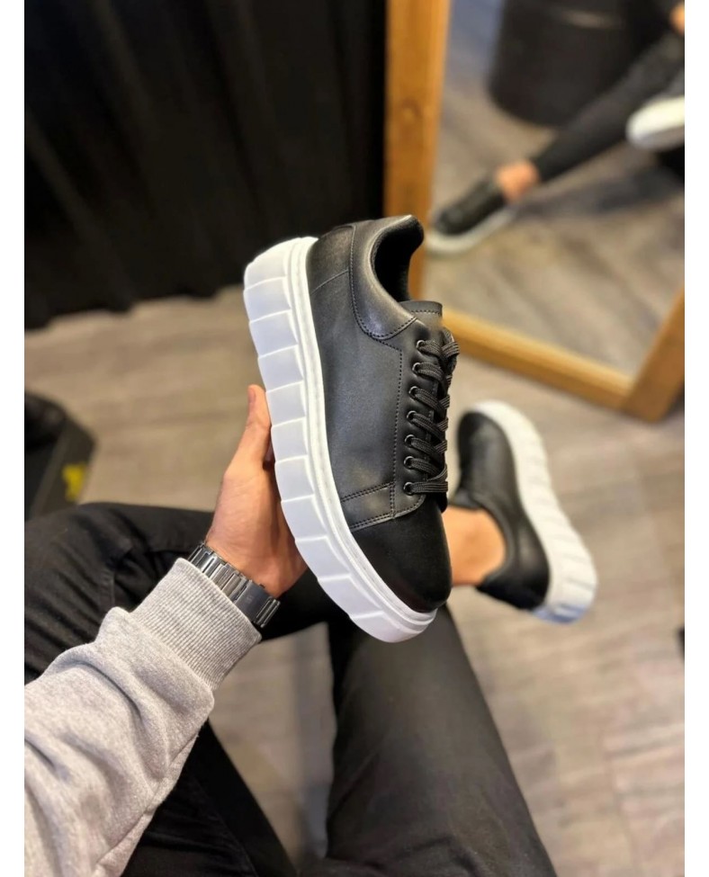 JY144 Volt Bağcıklı Cilt Erkek Günlük Sneaker Yüksek Taban Ayakkabı CBT Siyah