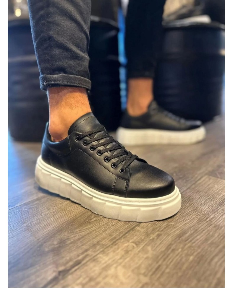 JY144 Volt Bağcıklı Cilt Erkek Günlük Sneaker Yüksek Taban Ayakkabı CBT Siyah