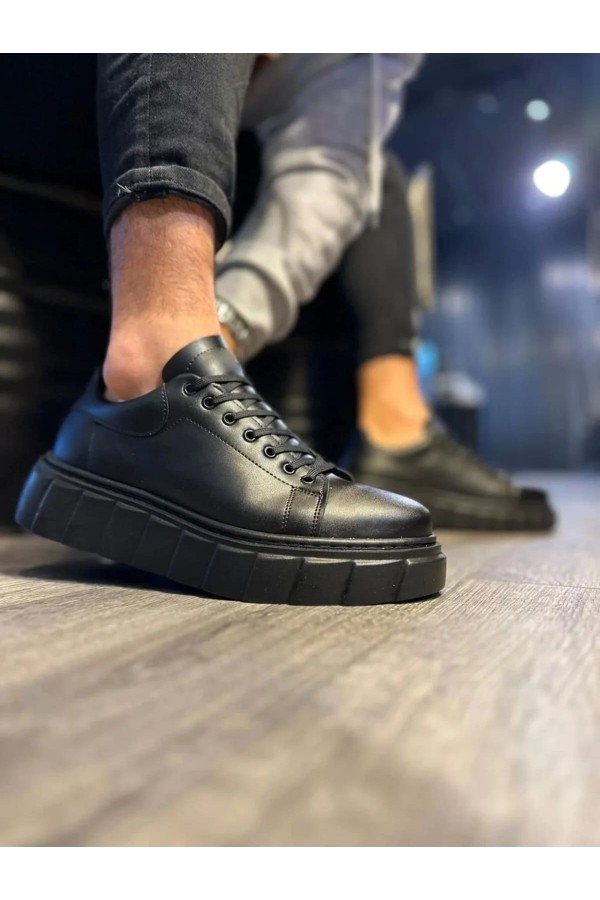 JY144 Volt Bağcıklı Cilt Erkek Günlük Sneaker Yüksek Taban Ayakkabı CST Siyah