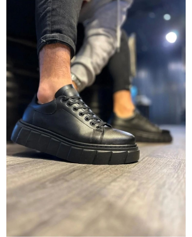 JY144 Volt Bağcıklı Cilt Erkek Günlük Sneaker Yüksek Taban Ayakkabı CST Siyah