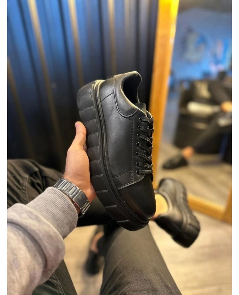 JY144 Volt Bağcıklı Cilt Erkek Günlük Sneaker Yüksek Taban Ayakkabı CST Siyah