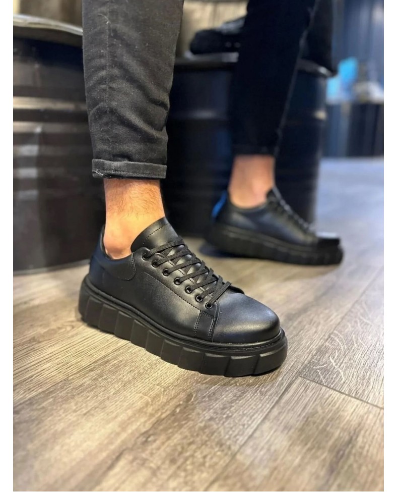 JY144 Volt Bağcıklı Cilt Erkek Günlük Sneaker Yüksek Taban Ayakkabı CST Siyah