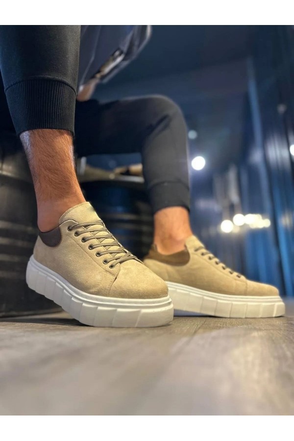 JY144 Volt Bağcıklı Süet Erkek Günlük Sneaker Yüksek Taban Ayakkabı SBT Krem