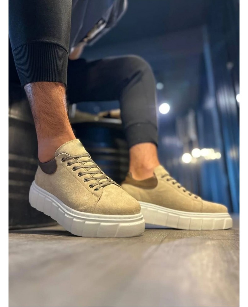 JY144 Volt Bağcıklı Süet Erkek Günlük Sneaker Yüksek Taban Ayakkabı SBT Krem