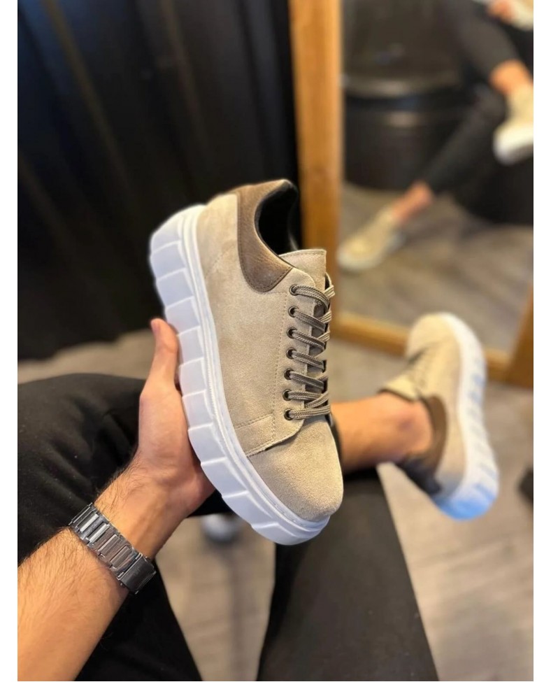 JY144 Volt Bağcıklı Süet Erkek Günlük Sneaker Yüksek Taban Ayakkabı SBT Krem