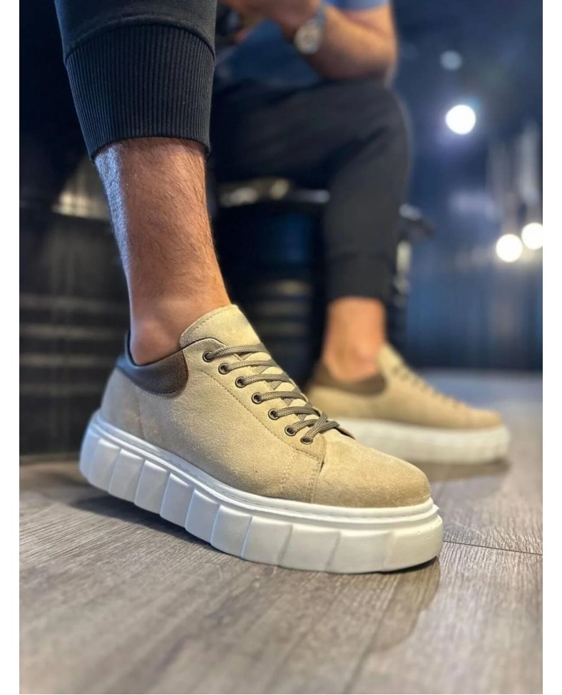JY144 Volt Bağcıklı Süet Erkek Günlük Sneaker Yüksek Taban Ayakkabı SBT Krem