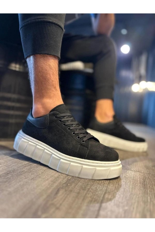 JY144 Volt Bağcıklı Süet Erkek Günlük Sneaker Yüksek Taban Ayakkabı SBT Siyah