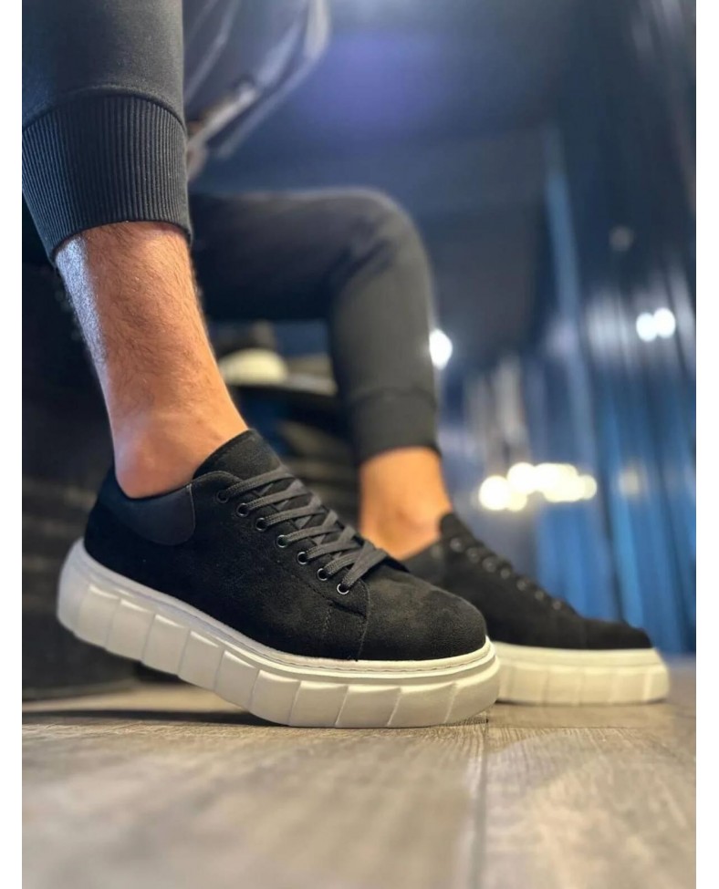 JY144 Volt Bağcıklı Süet Erkek Günlük Sneaker Yüksek Taban Ayakkabı SBT Siyah