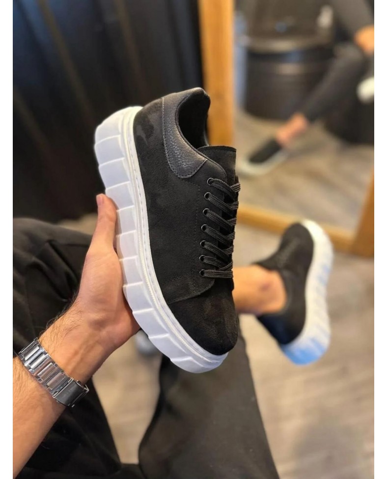 JY144 Volt Bağcıklı Süet Erkek Günlük Sneaker Yüksek Taban Ayakkabı SBT Siyah