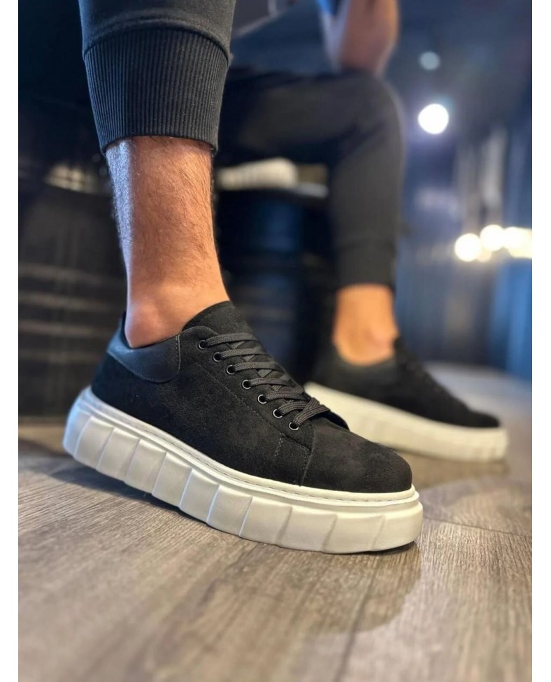 JY144 Volt Bağcıklı Süet Erkek Günlük Sneaker Yüksek Taban Ayakkabı SBT Siyah