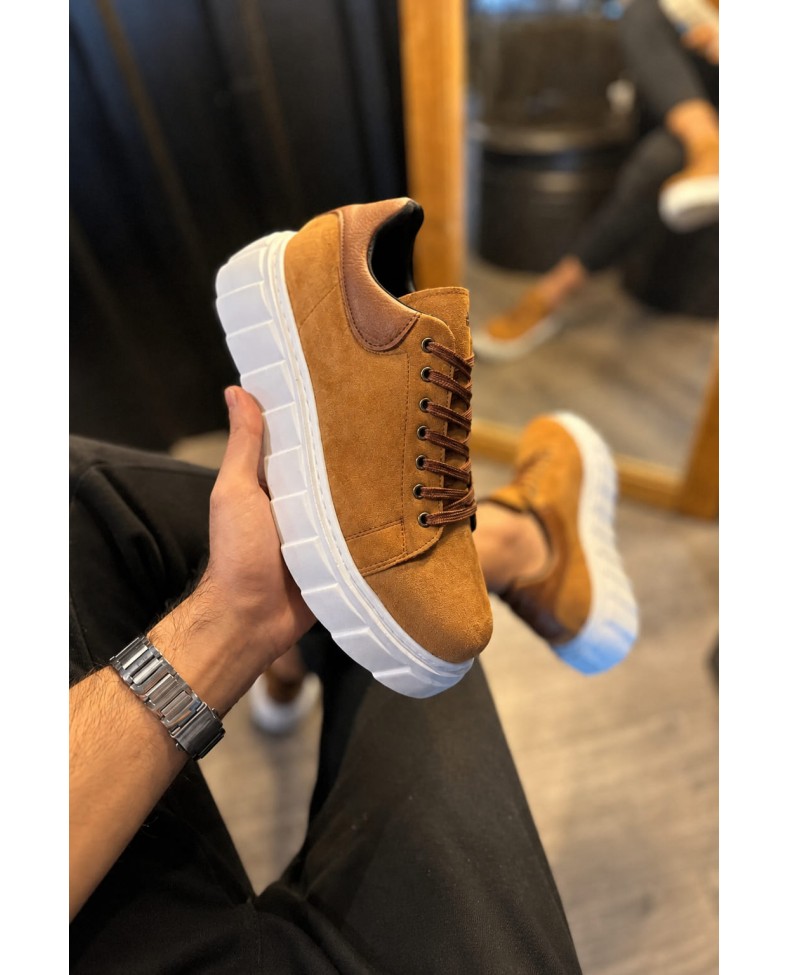JY144 Volt Bağcıklı Süet Erkek Günlük Sneaker Yüksek Taban Ayakkabı SBT Taba