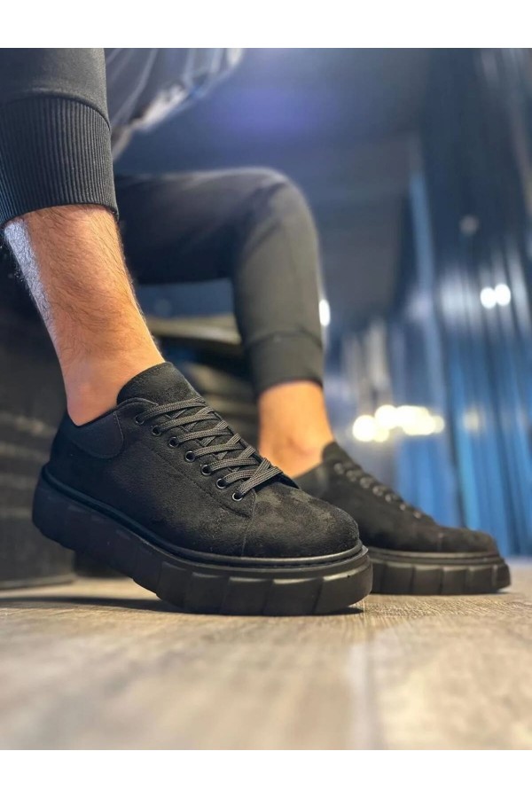 JY144 Volt Bağcıklı Süet Erkek Günlük Sneaker Yüksek Taban Ayakkabı SST Siyah
