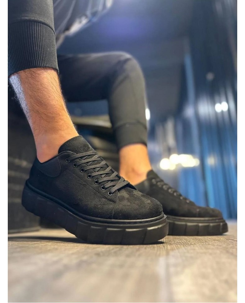 JY144 Volt Bağcıklı Süet Erkek Günlük Sneaker Yüksek Taban Ayakkabı SST Siyah