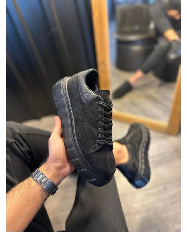 JY144 Volt Bağcıklı Süet Erkek Günlük Sneaker Yüksek Taban Ayakkabı SST Siyah