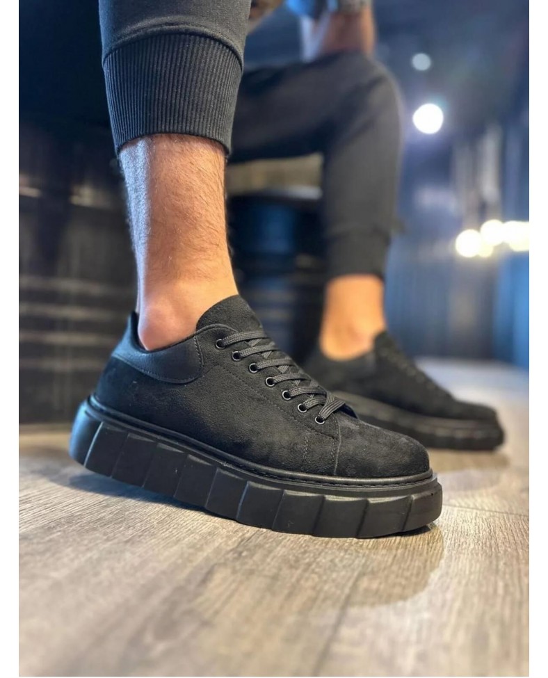 JY144 Volt Bağcıklı Süet Erkek Günlük Sneaker Yüksek Taban Ayakkabı SST Siyah