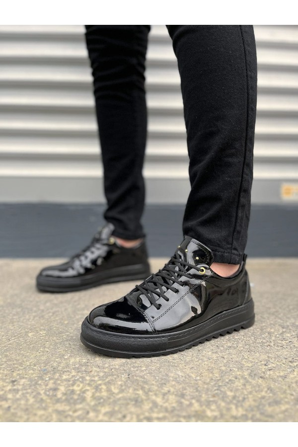 JY152 Cool Bağcıklı Rugan Erkek Günlük Spor Klasik Ayakkabı RST - Siyah