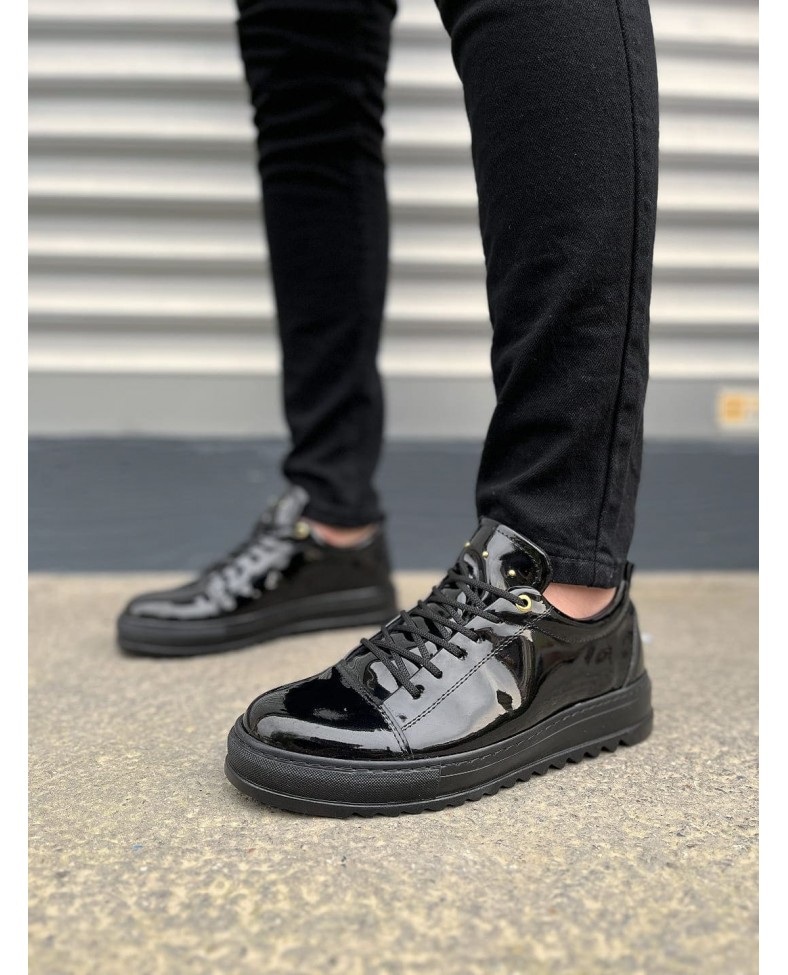 JY152 Cool Bağcıklı Rugan Erkek Günlük Spor Klasik Ayakkabı RST - Siyah