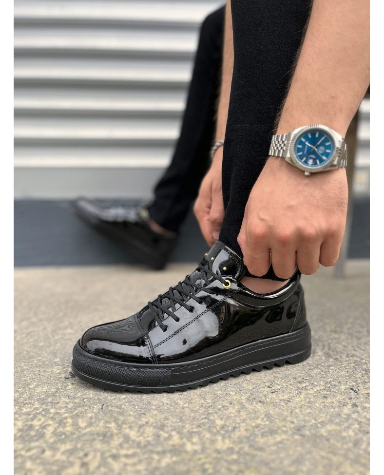 JY152 Cool Bağcıklı Rugan Erkek Günlük Spor Klasik Ayakkabı RST - Siyah