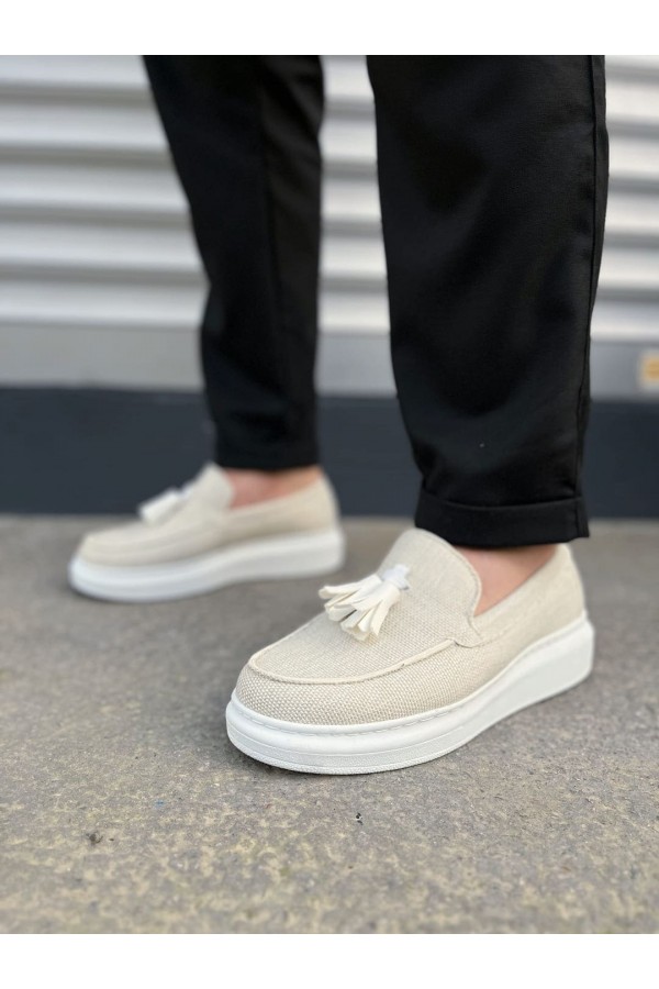 JY154 Blaze Bağcıksız Püsküllü Keten Erkek Günlük Spor Klasik Ayakkabı KBT - Beyaz