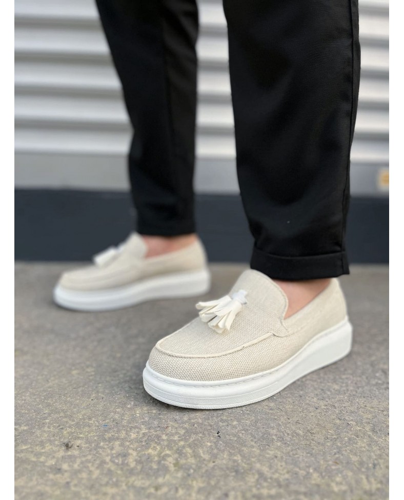 JY154 Blaze Bağcıksız Püsküllü Keten Erkek Günlük Spor Klasik Ayakkabı KBT - Beyaz Somersan Giyim | Kadın, Erkek ve Çocuk Moda
