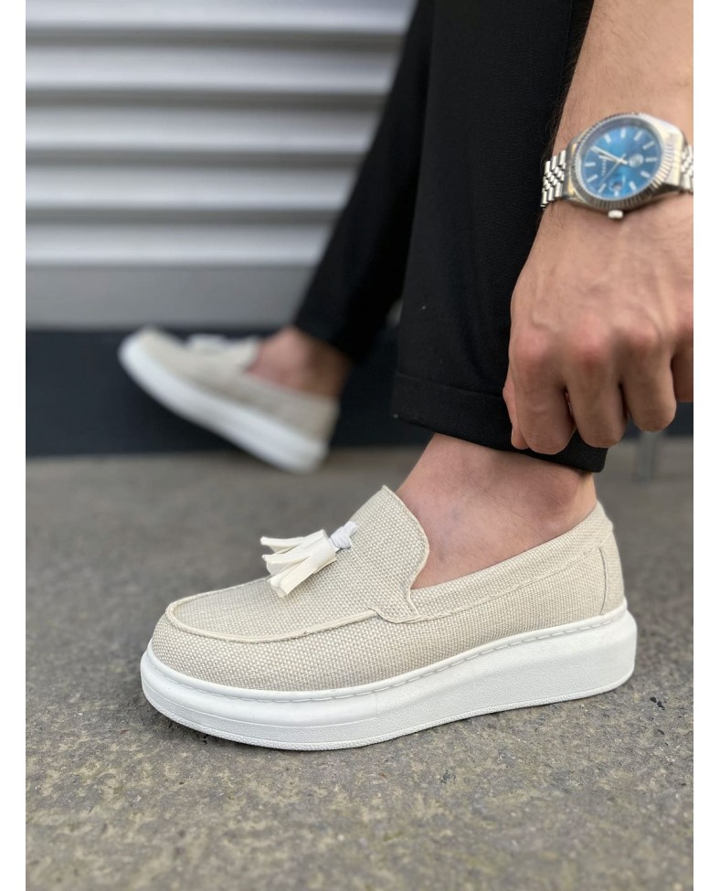 JY154 Blaze Bağcıksız Püsküllü Keten Erkek Günlük Spor Klasik Ayakkabı KBT - Beyaz Somersan Giyim | Kadın, Erkek ve Çocuk Moda
