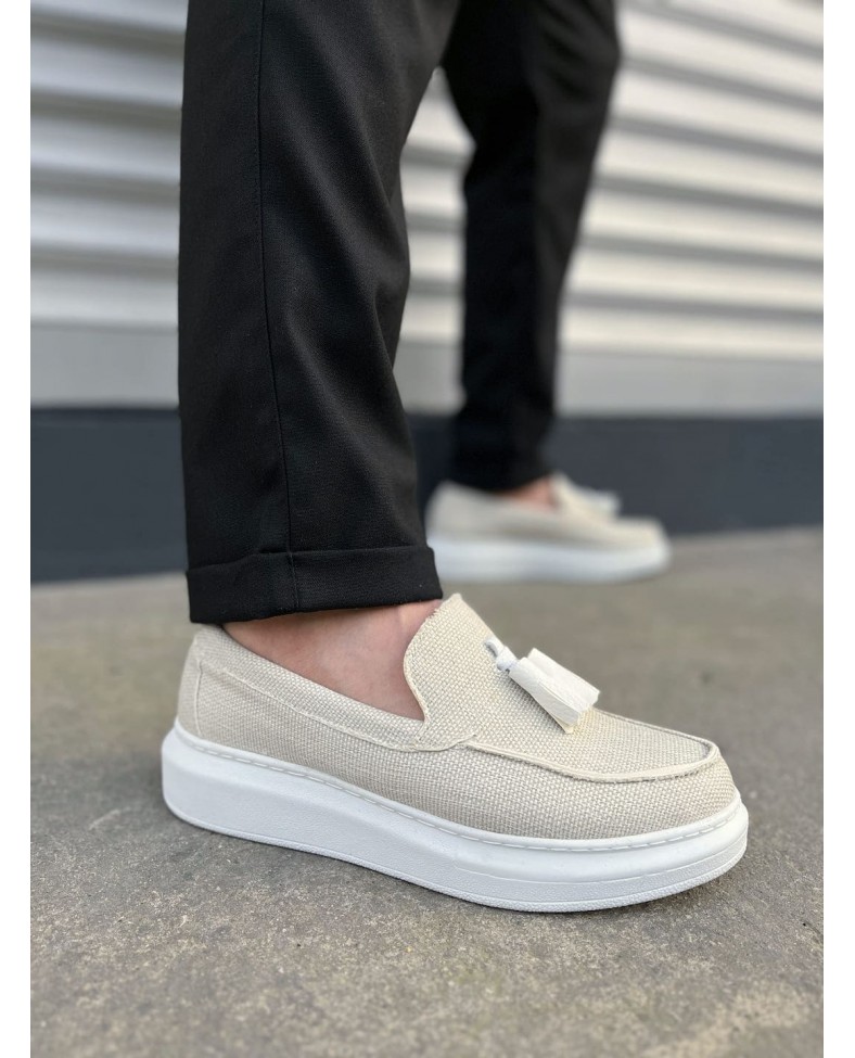 JY154 Blaze Bağcıksız Püsküllü Keten Erkek Günlük Spor Klasik Ayakkabı KBT - Beyaz Somersan Giyim | Kadın, Erkek ve Çocuk Moda