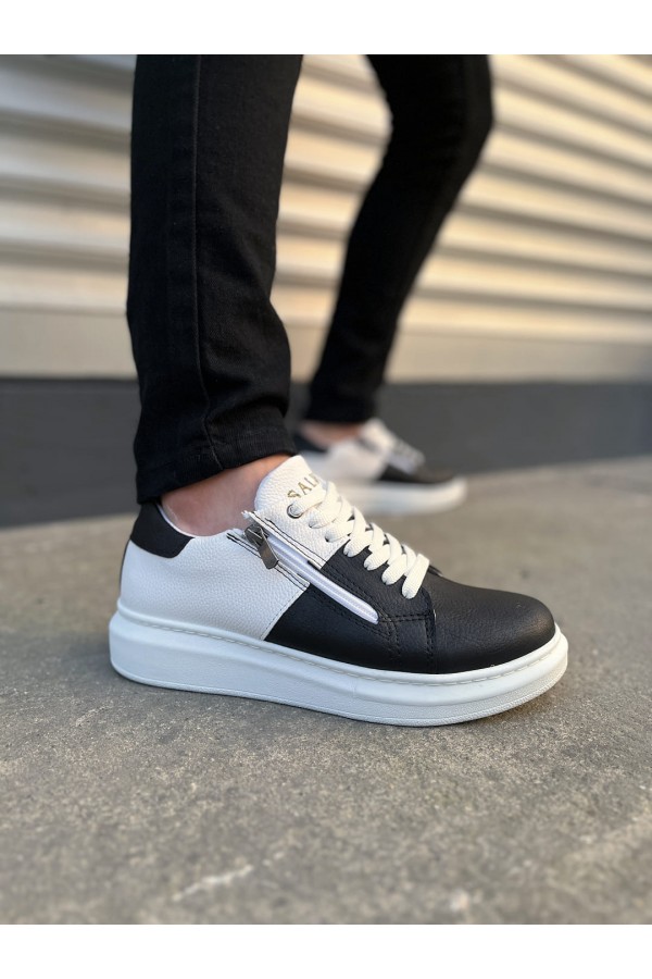 JY155 Warrior Bağcıklı ve Fermuarlı Cilt Erkek Günlük Sneaker Ayakkabı CBT - Beyaz/Siyah