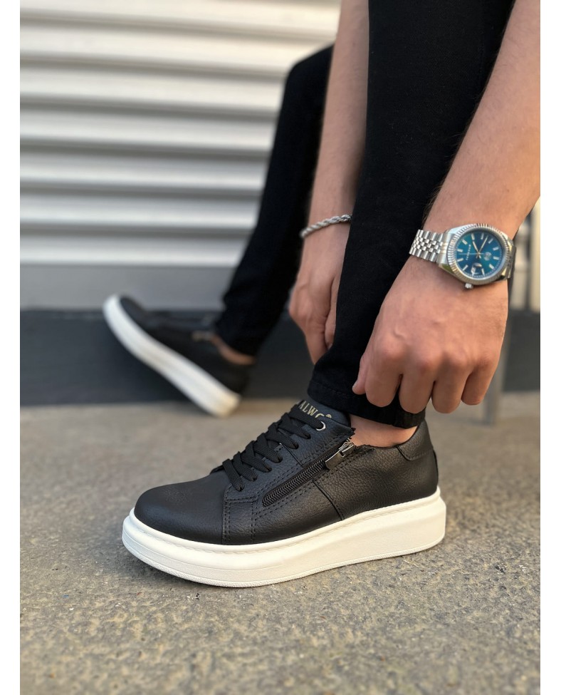JY155 Warrior Bağcıklı ve Fermuarlı Cilt Erkek Günlük Sneaker Ayakkabı CBT - Siyah