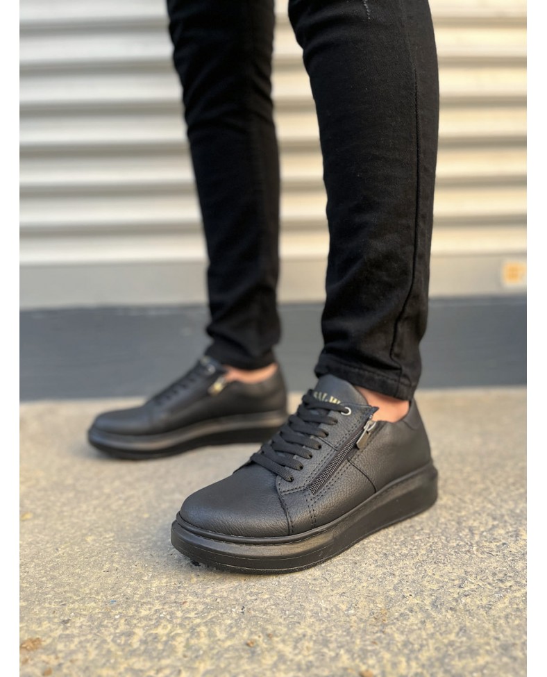JY155 Warrior Bağcıklı ve Fermuarlı Cilt Erkek Günlük Sneaker Ayakkabı CST - Siyah