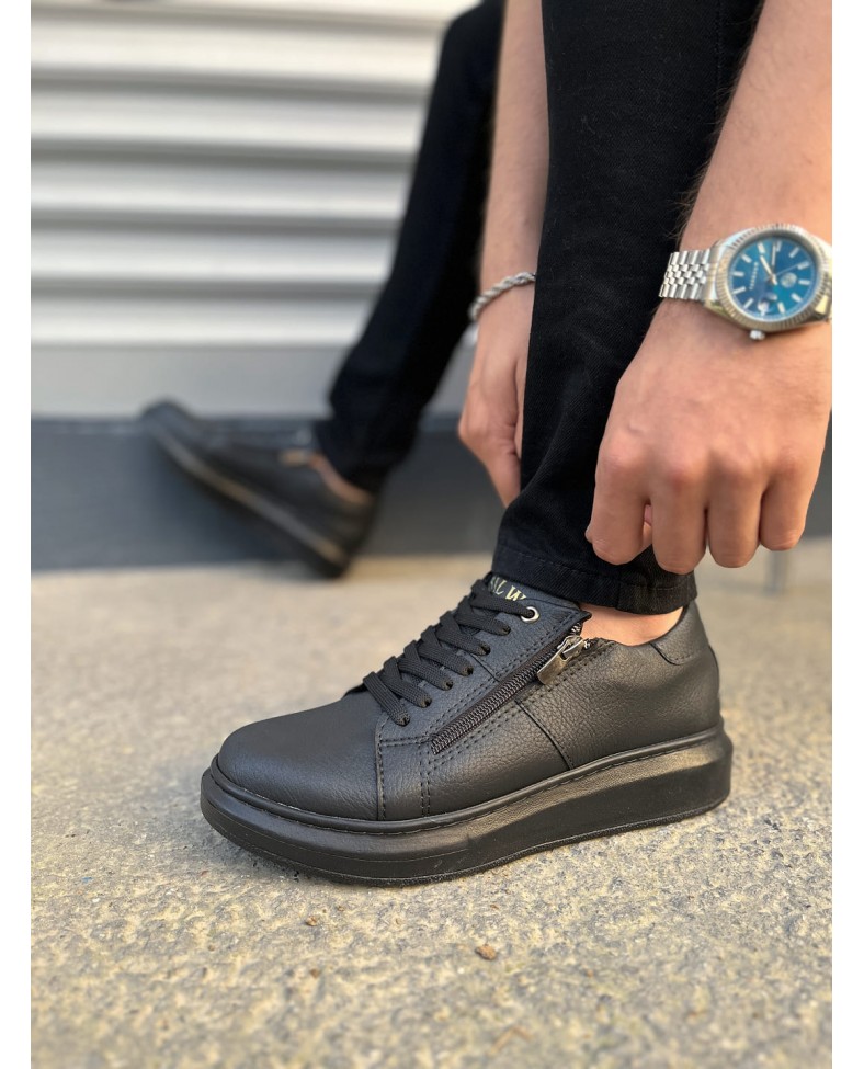 JY155 Warrior Bağcıklı ve Fermuarlı Cilt Erkek Günlük Sneaker Ayakkabı CST - Siyah