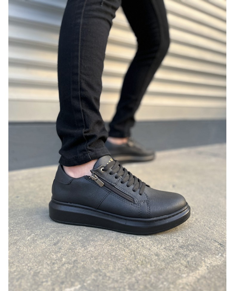 JY155 Warrior Bağcıklı ve Fermuarlı Cilt Erkek Günlük Sneaker Ayakkabı CST - Siyah