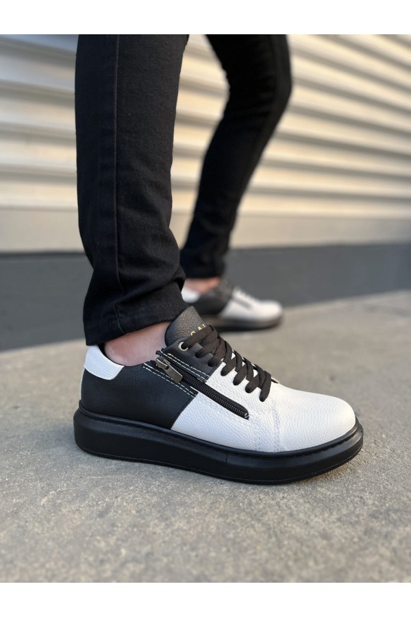 JY155 Warrior Bağcıklı ve Fermuarlı Cilt Erkek Günlük Sneaker Ayakkabı CST - Siyah/Beyaz