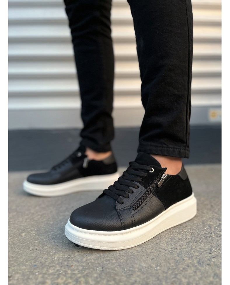 JY155 Warrior Bağcıklı ve Fermuarlı Cilt Süet Erkek Günlük Sneaker Ayakkabı CSBT - Siyah